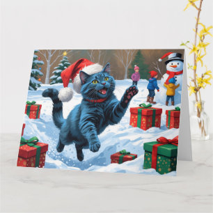 Carte Chat bleu russe à la neige avec Casquette de Noël