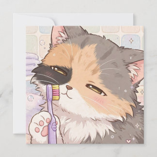 Carte Chat calico anime avec brosse à dents