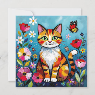Carte Chat Coloré, Fleurs et Papillon 
