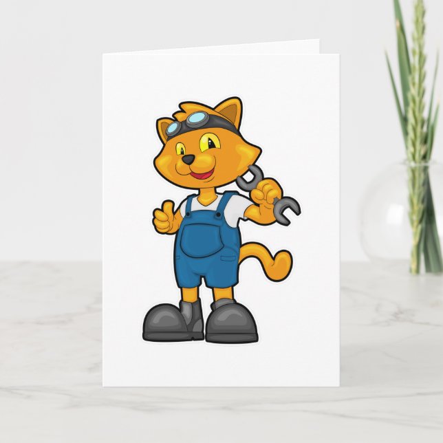 Carte Chat comme mécanicien avec clé (Devant)