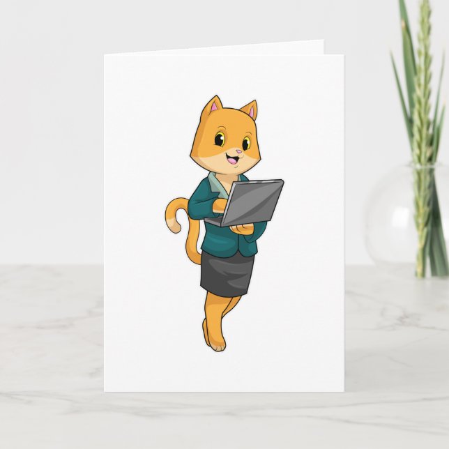 Carte Chat comme secrétaire avec ordinateur portable (Devant)