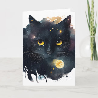 Carte Chat Cosmique à l'Aquarelle Noire avec des Yeux Ja