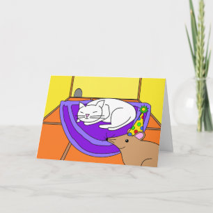 Carte Chat couché Anniversaire, Souris avec Casquette de