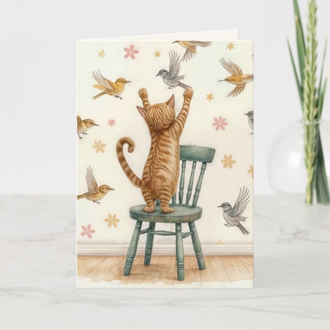 Carte Chat d'anniversaire attraper un oiseau sur papier  (Devant)