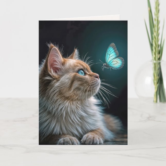 Carte Chat d'anniversaire avec un papillon néon brillant (Devant)