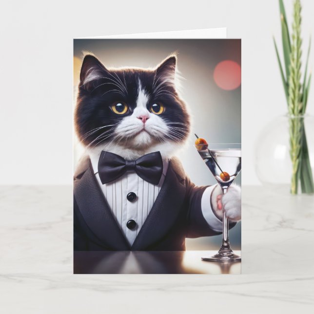 Carte Chat D'Anniversaire De Tuxedo Avec Cocktail Martin (Devant)