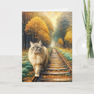 Carte Chat d'Anniversaire Marcher sur les voies ferrées