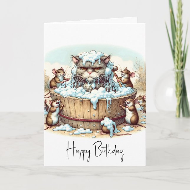 Carte Chat d'Anniversaire Obtenir Un Bain (Devant)
