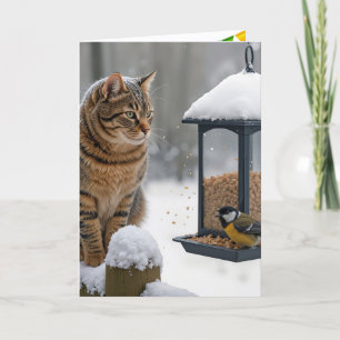 Carte Chat d'anniversaire regardant un oiseau sur une ma
