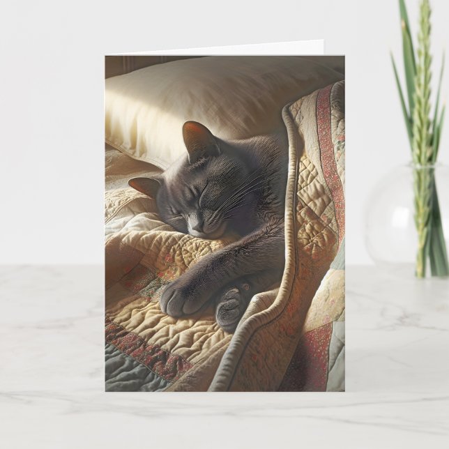 Carte Chat d'anniversaire sous une courtepointe (Devant)