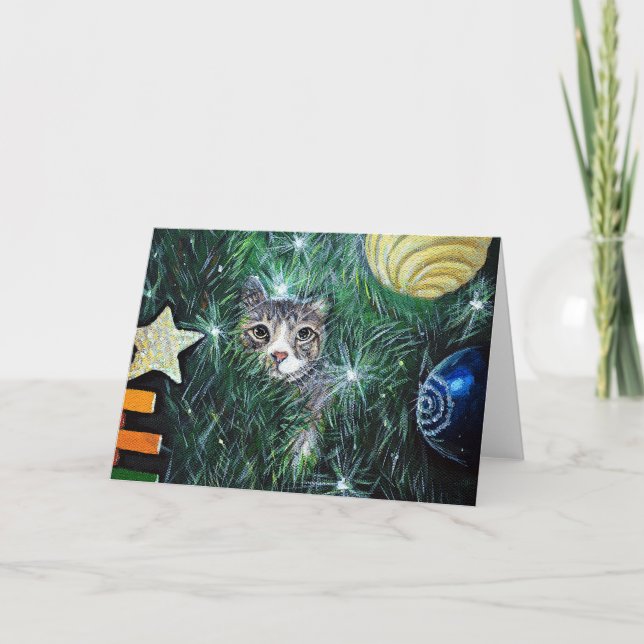 Carte Chat dans la peinture de l'arbre de Noël (Devant)