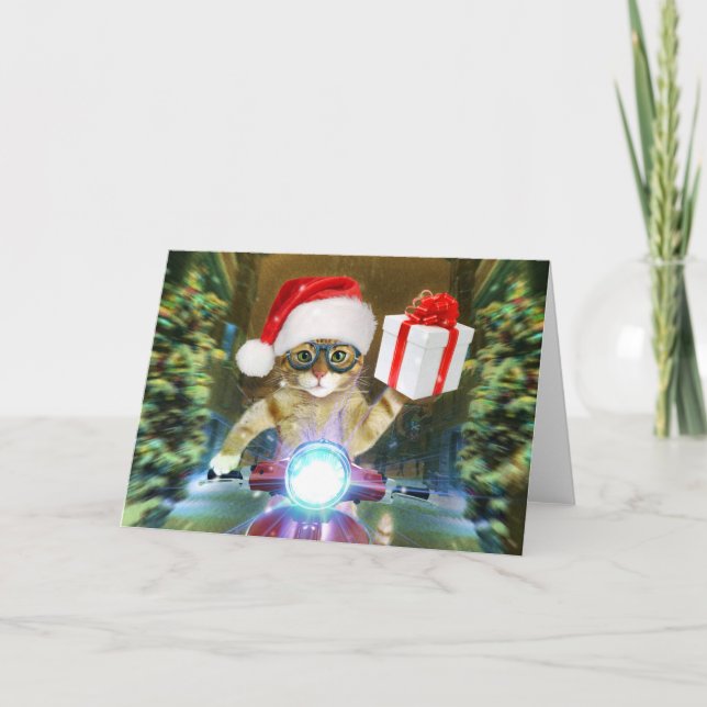 Carte Chat dans le chapeau du Père Noël livre un cadeau  (Devant)