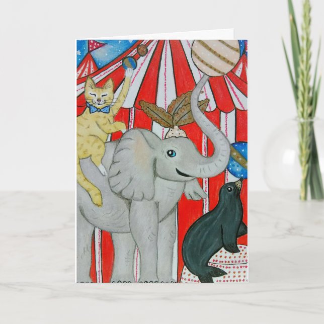 Carte Chat dans le cirque avec l'éléphant et le joint (Devant)