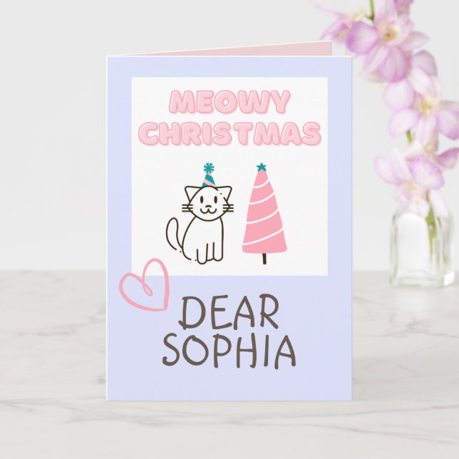 Carte Chat dans un Casquette&Arbre Joyeux Noël Pastel Ca (Orchidée)