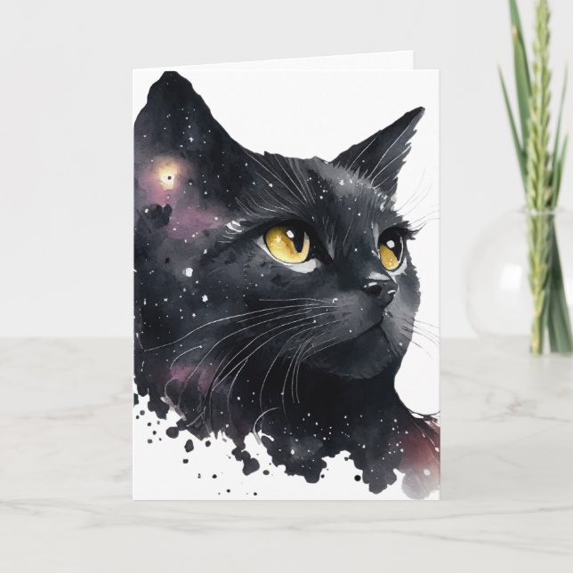 Carte Chat d'aquarelle cosmique noire (Devant)