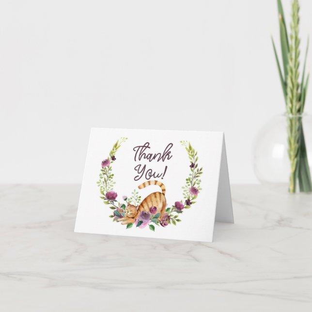 Carte Chat d'aquarelle et Merci de fleurs (Devant)