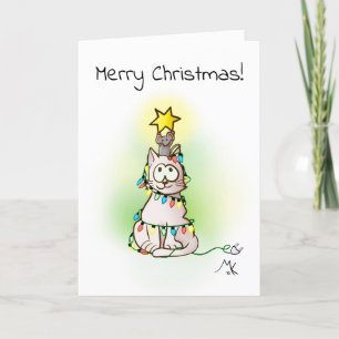 Carte Chat d'arbre de Noël et souris avec étoile