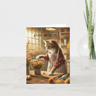 Carte Chat d'automne aux fleurs - Saison d'automne