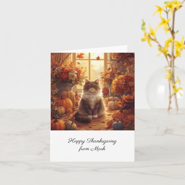 Carte Chat d'automne aux fleurs Saison d'automne Thanksg (Fleur jaune)