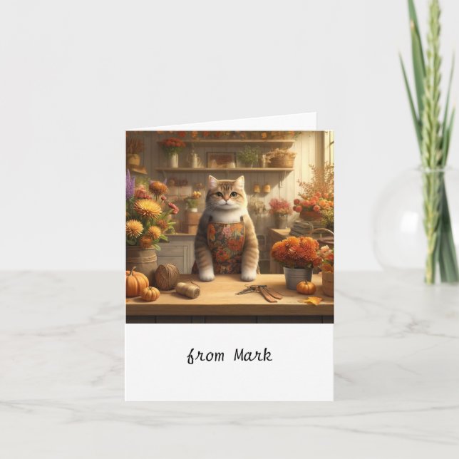 Carte Chat d'automne avec des fleurs – Salutation de sai (Devant)