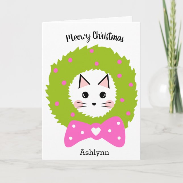 Carte Chat de couronne rose de Noël (Devant)