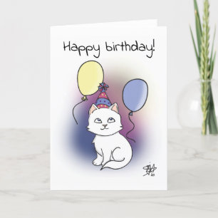 Carte Chat de dessin blanc avec ballons Joyeux anniversa