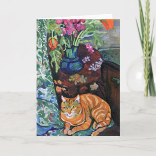 Carte Chat de gingembre et bouquet des fleurs par