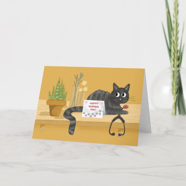 Carte Chat de jour des infirmières sur table avec stétho (Devant)