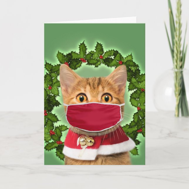 Carte Chat de Noël avec masque coronavirus (Devant)