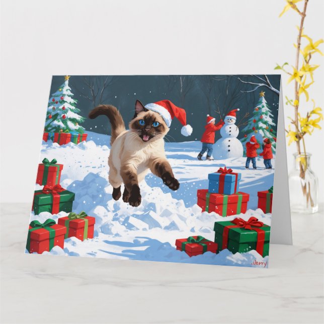 Carte Chat de Siamese coule en neige avec Casquette de N (Fleur jaune)