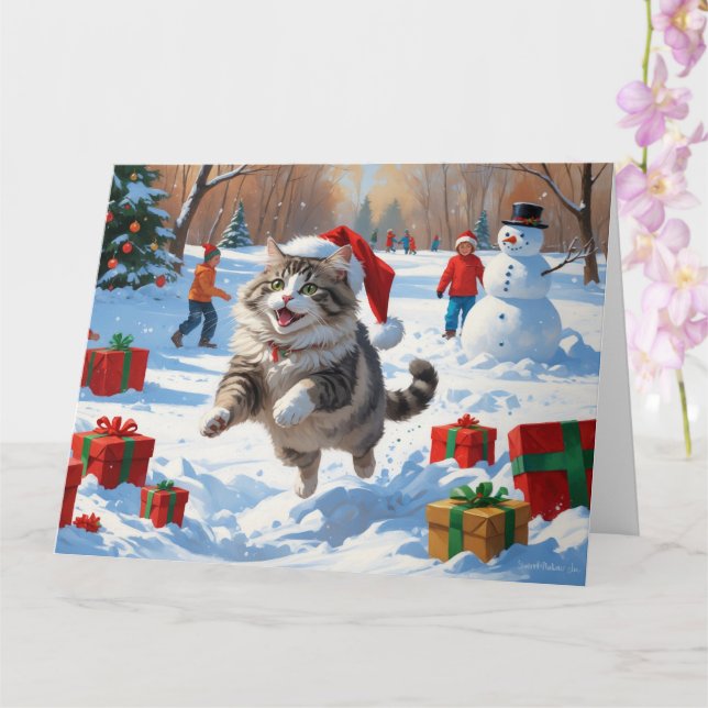 Carte Chat de Sibérie courant dans la neige avec Casquet (Orchidée)