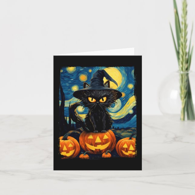 Carte Chat de sorcière Starry Nuit Van Gogh Retro Hallow (Devant)