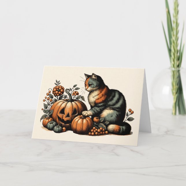 Carte Chat d'Halloween vintage et Citrouille (Devant)