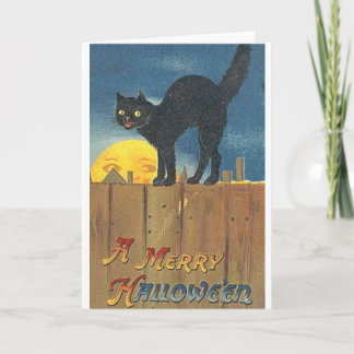 Carte Chat d'Halloween vintage sur la clôture