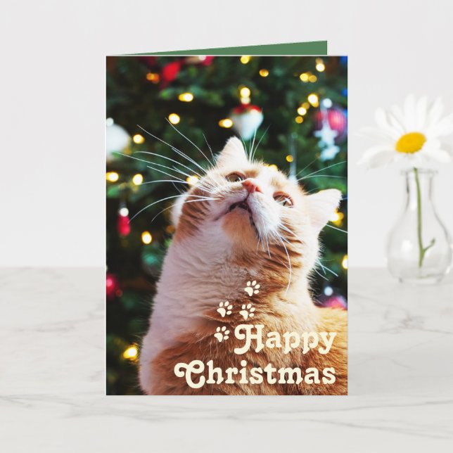 Carte Chat drôle et arbre vert&Joyeux Noël unique (Petite plante)