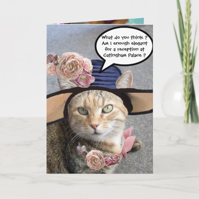 CARTE CHAT ÉLÉGANT AVEC GRAND CASQUETTE DIVA, ROSES ROSE (Devant)