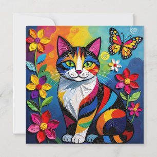Carte Chat en papier coloré, fleurs et papillons