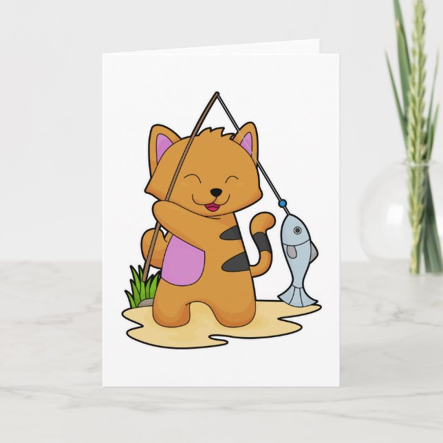Carte Chat en pêcheur avec canne à pêche et poisson (Devant)