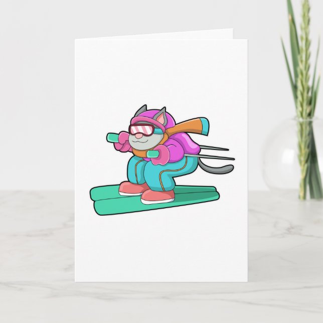 Carte Chat en sauteur à ski avec Ski & lunettes de ski (Devant)