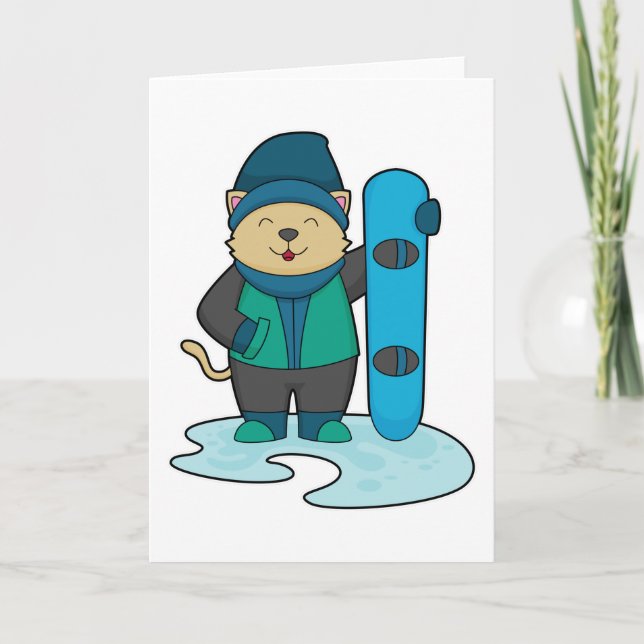 Carte Chat en tant que snowboardeur avec snowboard (Devant)