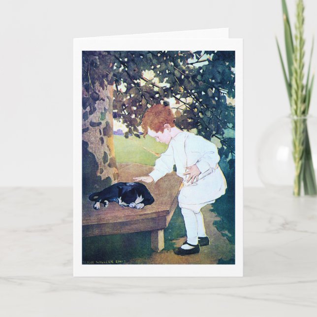 Carte Chat et enfant couché, Jessie Willcox Smith (Devant)