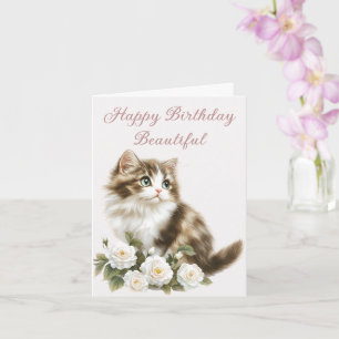 Carte Chat et fleurs heureux désir d'anniversaire