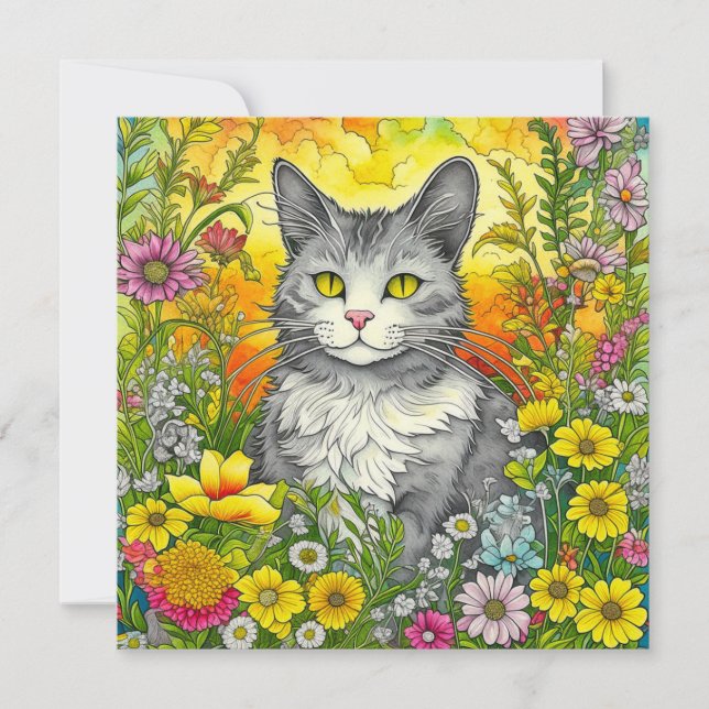 Carte Chat et Fleurs Whimsical (Devant)