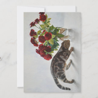 Carte Chat et Roses rouges - Peinture réaliste à l'huile