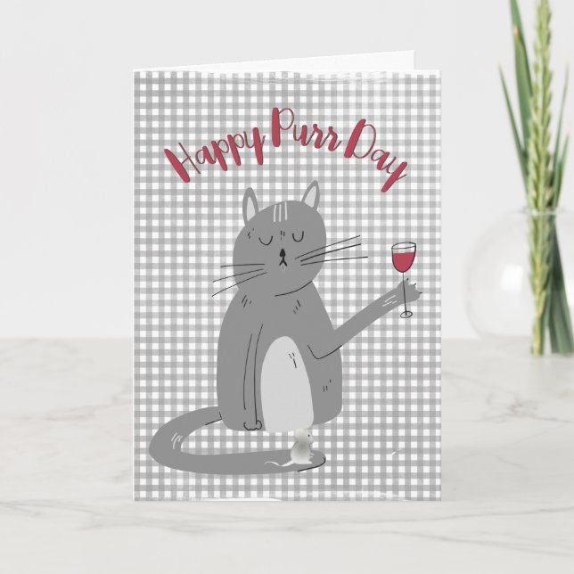 Carte Chat et souris avec Verre à Vin Anniversaire (Devant)