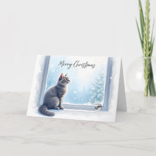 Carte Chat et Souris Cozy près de la fenêtre Noël Aquare