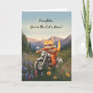 Carte Chat fille d'anniversaire sur moto avec montagnes