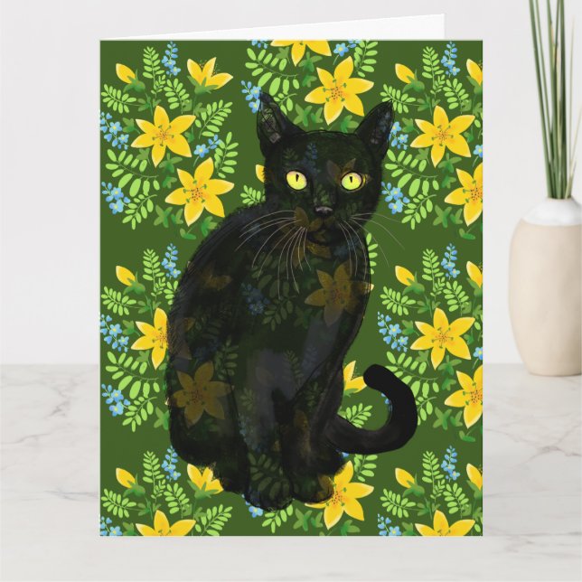 Carte chat floral noir (Devant)