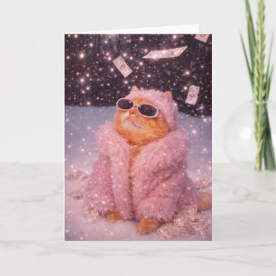 Carte Chat Glam Money en manteau de fourrure rose et lun