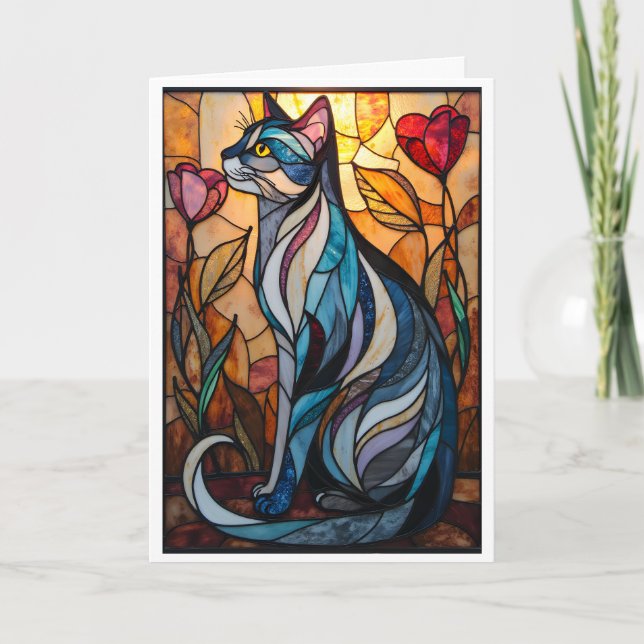 Carte Chat gris de style vitrail avec des fleurs (Devant)